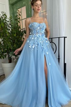 A-line Spaghetti strap Sweetheart Floor-length Sleeveless Split Front Appliques Lace Prom Dress-Ballbella Matric Farewell Dresses Unique, Strap Prom Dress, Sky Blue Prom Dress, Prom Dresses Long Blue, Spaghetti Strap Prom Dress, Evening Party Gowns, Blue Evening Dresses, Lace Prom Dress, Blue Tulle