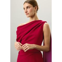 Red (Self: 68% Acetate, 32% Polyester. Lining: 34% Silk, 66% FSC Viscose). Cocktail Dress. One shoulder neck. Sleeveless. Back zipper clsoure. 52.5" from shoulder to hemline. Imported. Fitted One Shoulder Sleeveless Dress For Dinner, Pre-draped Sleeveless Dress For Dinner, Fitted Sleeveless One Shoulder Dress For Formal Occasions, Chic One-shoulder Sleeveless Dress For Formal Occasions, Pre-draped Sleeveless One Shoulder Dress For Gala, Red Sleeveless One-shoulder Dress For Gala, Red Sleeveless One Shoulder Dress For Gala, Red Sleeveless One Shoulder Gala Dress, Chic Sleeveless Dress With Asymmetrical Neckline For Evening