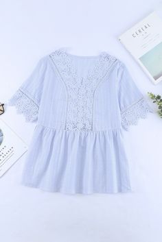 Blue Lace Splicing V Neck Short Sleeve Shirt Short Sleeve Shirt Women, Lace Splicing, Babydoll Top, Blue Shirt, Olivia Mark, Blue Lace, Elegant Style, Short Sleeve Shirt, Sleeve Styles