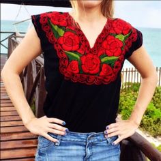 New. Made In Chiapas, Mexico By Native Artisans. Absolutely Beautiful Floral Top! Eye-Catching Red Floral Embroidery Over Black Fabric. A Favorite From Our Customers! Measurements: Armpit To Armpit Xl 24” 2xl 26” 3xl 28” For Larger Sizes Check My Other Listings! Black V-neck Tops With Floral Embroidery, Black V-neck Blouse With Floral Embroidery, Traditional Black V-neck Blouse, Casual Red Embroidered Short Sleeve Top, Traditional Embroidered Black Tops, Black Embroidered Short Sleeve Top, Black Short Sleeve Embroidered Casual Top, Red V-neck Embroidered Summer Top, Black Embroidered V-neck Top