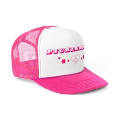 Introducing our girly Pickleball Tucker's Hat! This charming hat combines playful trending fonts with the functionality of a Pickleball tucker's hat. The feminine design will not only keep you comfortable during long matches but will also add a touch of fun to your ensemble. Stay stylish on the court with this unique and eye-catching accessory! .: Material: 100% polyester foam front with 100% nylon mesh weave back .: Adjustable plastic snap closure .: Please note: Creases on the hat will straigh Pink Flat Bill Hat With Letter Print, Pink Fun Snapback Hat With Flat Bill, Fun Pink Snapback Hat With Flat Bill, Pink Fun Flat Bill Snapback Hat, Playful Baseball Cap With Letter Print, Pink Flat Bill Trucker Hat For Spring, Playful Letter Print Baseball Cap, Pink Fun Trucker Hat With Flat Bill, Pink Fun Style Trucker Hat With Flat Bill