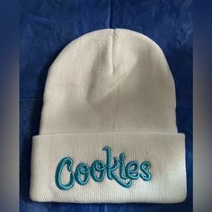 100% Cotton Cookies Hat Onesize Fits All Cookies Beanie Outfit, Trendy White Beanie One Size, Trendy Adjustable White Beanie, Trendy White Beanie, Trendy White Winter Hat, White Brimmed Beanie For Winter, White Cotton Beanie One Size Fits Most, White Cotton Beanie (one Size Fits Most), White Cotton Beanie One Size