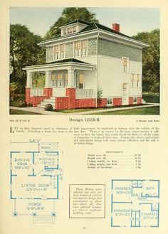 an old house with red trim and two stories on the second floor, as well as other plans