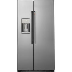 a stainless steel refrigerator freezer with water dispenser on the front and side