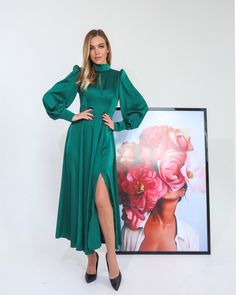 Green Satin Stretch Midi Dress, Green Stretch Satin Midi Dress, Fitted Satin Long Sleeve Party Dress, Fitted Long Sleeve Satin Dress, Green Long Sleeve Satin Dress For Party, Green Fitted Satin Knee-length Dress, Green Silk Long Sleeve Midi Dress, Solid Color Long Sleeve Satin Midi Dress, Solid Long Sleeve Satin Midi Dress