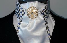 "This tie just pours on the elegance!  In memory of Queen Elizabeth, I named this tie Royal Elegance.  Pre-tied dressage tie with velcro closure.  Handcrafted, sturdy show tie to express yourself!   This tie made to order, gold pins may vary. Sizing options available for child, standard, and large.* Need something custom?  Maybe I can help, just ask! *Child, 15\" collar (12-13\" neck) *Standard, 17\" collar (14-15\" neck) *Large, 19\" collar (16-17\" neck)" Formal Fitted Neck Tie, Luxury Fitted Neckwear For Black Tie Events, Elegant Fitted Neckwear For Formal Occasions, Elegant Ribbon Neckwear Standard Tie, Elegant Adjustable Ribbon Neckwear, Elegant Fitted Ribbon Tie, Elegant Tie Neck Formal Neckwear, Elegant Wedding Ties With Ribbon Detail, Adjustable Elegant Neckwear For Semi-formal Occasions