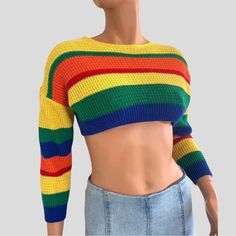 Y2K vivid primary colored multi- stripe cropped knit sweater Women's SMALL Great Pre-own condition, minimal wear if any  Armpit to Armpit 20" Shoulders 22" Sleeve 14" from armpit down. Length  12 top shoulder to hem Features:  * Pullover Sweater * Long Sleeve * Crew Neck * Striped * Cropped * No Brand or Size tag   [  best guess Cotton/Acrylic blend * Size is estimated] This versatile sweater sweater is perfect for spring or summer.  #Rainbow #Vintage #Y2k #90s #gorpcore #springootd #versatile  #vintagestreetwear #accent Rainbow Vintage, Cropped Knit Sweater, Cropped Tube Top, Knitting Women Sweater, Y2k 90s, Vintage Streetwear, Sweater Long Sleeve, No Brand, Pullover Sweater