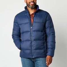 Gear up for cooler weather with this St. John's Bay men's big and tall midweight puffer jacket equipped with water-resistant properties. Crafted from a durable woven fabric, it features a mock neck, long sleeves, a full-zip front, and two side zip pockets for added convenience. Features: Water ResistantClosure Type: ZipperNeckline: Mock NeckPockets: 2 Front Zip PocketsSleeve Length: Long SleeveWarmth Factor: MidweightOuterwear Length: MidFiber Content: 100% NylonFabric Description: WovenCoat Sty Functional Blue Puffer Jacket For Outdoor, Blue Functional Puffer Jacket For Outdoor, Blue Functional Puffer Jacket For Outdoor Activities, Blue Long Sleeve Puffer Jacket For Hiking, Blue Puffer Outerwear For Hiking, Solid Down Outerwear For Outdoor, Weatherproof Long Sleeve Blue Outerwear, Blue Long Sleeve Weatherproof Outerwear, Navy Puffer Jacket For Winter Outdoors