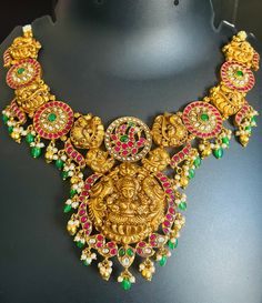 Beautiful Jadau Kundan lakshmi devi necklace with golden beads and pearl tassels. Brass based item.  Hand made. Nakshi Design, Pearl Tassels, Mango Necklace, Lakshmi Devi, Golden Beads, Temple Jewelry, Ganesha Art, Frederick Md, Necklace Antique