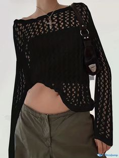 Orcajump - Cut Out Crochet Cover Up Top, Y2K Sexy Long Sleeve Cover Up Top, Women's Clothing Fishnet Top Outfit, Crochet Cover Up Top, Crochet Cover, Fishnet Top, Y2k Long Sleeve, Crochet Cover Up, Floral Print Shorts, Top Women, Plus Size Casual