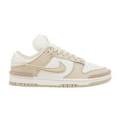 Find NIKE Wmns Dunk Low Twist 'sanddrift on Editorialist. The Nike Women’s Dunk Low Twist ‘Sanddrift’ pairs an understated palate with a revamped build. The leather upper features an off-white base with light tan overlays and a color-matched TPU Swoosh. Translucent bumpers reinforce the toe and heel, while stitched detailing enlivens the padded collar. A raised Nike logo decorates the elongated tongue. The rubber cupsole is unchanged from the original, featuring off-white sidewalls and a grippy sand-colored outsole. Beige Air Max Cushioned Lace-up Sneakers, Casual Cream Basketball Shoes For Streetwear, Casual Cream Low-top Basketball Shoes, Nike Cream High-top Sneakers With Gum Sole, Nike Sneakers With Gum Sole For Light Sports, Cream Basketball Shoes With Cushioned Footbed For Streetwear, Sporty Cream Skate Shoes With Round Toe, Cream Sporty Skate Shoes With Round Toe, Casual Cream Sneakers With Boost Midsole