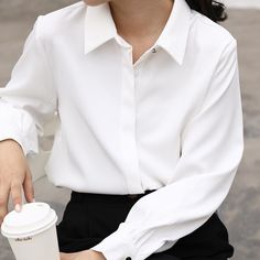 Turn-Down Collar Single-Breasted Long Sleeve White Shirt White Spread Collar Blouse For Fall, Fitted Tops With Casual Collar For Workwear, Long Sleeve Plain Office Shirt, Plain Long Sleeve Office Shirt, White Plain Office Tops, White Plain Top For Office, White Plain Office Top, White Long Sleeve Office Tops, White Collared Plain Blouse