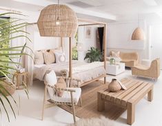 a white bedroom with wicker furniture and plants in the corner, along with large potted palm trees