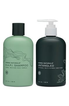 two bottles of hand soap and body lotion on a white background, one is green and the other is black