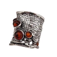 Wide nest Band Sterling Silver Ring made of Amber Gemstone  Meticulously handcrafted in Israel for exceptional quality. Each piece is made to order with meticulous attention to detail.  MATERIAL & DIMENSIONS Metal: Sterling silver 925 Gemstone: Amber Gemstone Dimensions: Front Width: 24mm / 0.944in  Back Width: 5mm / 0.196in  Front Ring Heights: 24mm CUSTOMIZATIONS: Explore our 14K Gold option for a luxurious upgrade.  Available in other gemstones for personalized style. RING SIZE: Custom-made t Wide Silver Ring, Amber Gemstone, Silver Jewelry Design, Amber Ring, Textured Ring, Epilator, Unisex Ring, Amber Jewelry, Simple Jewelry