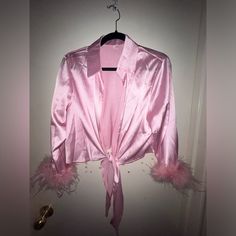 Pink Satin Tie Top With Feather Sleeves. Size L, Fits Like A M. Never Been Worn, New Without Tags. Fitted And Cropped Style. Feather Sleeves, Cropped Style, Tie Top, Pink Satin, Pink Ladies, Womens Tops, Satin, Crop Tops, Tags