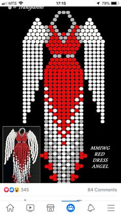 an image of a red and white beaded angel on a black background with the words mmmwg next to it