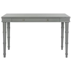 a gray desk with two drawers on one side and an open drawer on the other