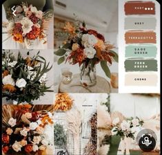 a collage of flowers and greenery in shades of orange, green, red, white