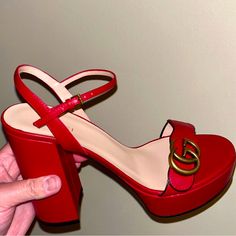 Brand New With Box And Dust Bags Authentic, Never Worn , Rare Size 9 Gucci Red Heels With Branded Heel Counter, Gucci Leather Heels With Red Sole, Gucci Red Leather Heels, Red Gucci Leather Heels, Gucci Red Heels For Evening, Red Gucci Heels For Evening, Luxury Red Heels With Heel Strap, Gucci Luxury Heels With Red Sole, Luxury Gucci Heels With Red Sole