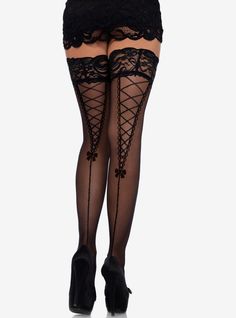 Ready for a girl's night out? These black sheer thigh highs will be sure to stay up with its stay up auto-fixants. It has lace trim at the top and a printed faux lace-up design on the back. Floral Tights, Pin Up Looks, Stockings Outfit, Elegant Moments, Lace Tights, Pink Camouflage, Stocking Tights, Leg Avenue, Rose Lace