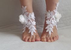 Barefoot Sandalsflowers White French Lacebarefoot Sandals | Etsy Handmade Elegant Anklets For Wedding, Handmade Summer Wedding Anklets, White Ankle Wrap Anklets For Wedding, Handmade Wedding Anklets, Handmade Ankle Wrap Barefoot Sandals For Wedding, Elegant White Barefoot Sandals For Party, White Ankle Strap Anklets For Party, Handmade White Anklets For Beach Wedding, Summer Beach Flower Anklets