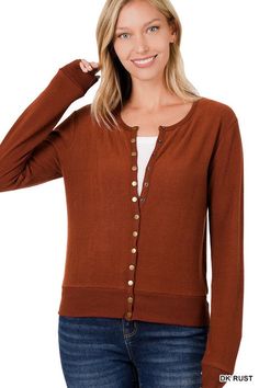 CREW NECK SNAP BUTTON SOFT SWEATER CARDIGAN-SOFT SWEATER FABRICTOTAL BODY LENGTH: 21 3/4", BUST: 33.5" approx. - MEASURED FROM SMALL* COLOR MAY VARY SLIGHTLY DUE TO MONITOR RESOLUTIONMade In: IMPORTEDFabric Contents: 62% POLYESTER 34% RAYON 4% SPANDEX Staple Cardigan, Neck Snap, Romper And Jacket, Fitted Cardigan, Cozy Fabric, Soft Cardigan, Cardigan Shirt, Plus Size Jumpsuit, Knitted Coat