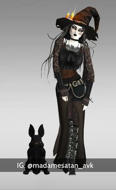 a woman in a black dress and hat next to a dog wearing a witch costume