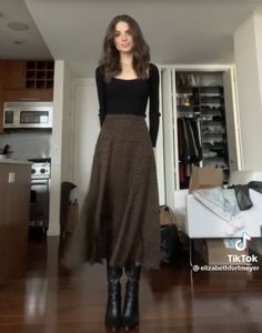 Skirt And Tall Boots Outfit Winter, Dark Academia Inspo Outfit, Anathema Device Outfit, Femme Fall Outfits, Dark Brown Aesthetic Outfit, Architects Outfit Female, Long Skirt Christmas Outfits, Smart Casual Work Outfit Petite, Elegant Outfit Classy Winter