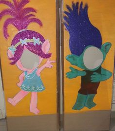 two cartoon characters painted on glass doors