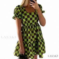 Lasaky - Sweet and Charming Casual Dress with Green and Black Checkered Puff Sleeves and Square Neckline Shirt Dress For Women, Black Checkered, Checkered Dress, Short Sleeve Dress Shirt, Square Neck Dress, Check Dress, Green And Black, Mini Dress With Sleeves, Types Of Skirts