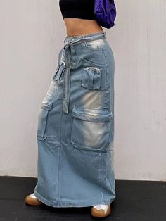 Denim Casual Skirts For Women High Waist Tied Patchwork More Than A Po – wanahavit Baggy Long Blue Skirt, Baggy Blue Long Skirt, Blue Baggy Long Skirt, Blue Patchwork Maxi Skirt For Spring, Fitted Blue Bottoms With Tie Waist, Summer Waist-length Skirt With Pockets, High Waist Patchwork Blue Skirt, High Waist Blue Patchwork Skirt, Casual High Waist Belted Cargo Skirt