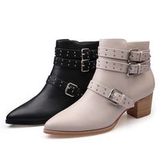 Western Cowboy Booties Rivets Buckles Motorcycle Combat Shoes Chunky Heels Heels Boots Outfit, High Heel Boots Outfit, Motorcycle Riding Boots, Combat Shoes, Leather Snow Boots, Shoes Chunky, Wedge Heel Boots, Boot Straps, High Heel Boots Ankle