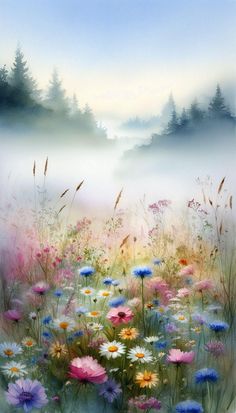 a painting of flowers and fog in the background