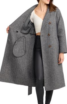 A belted waist defines your figure in a wool-blend coat with a longline silhouette for extra warmth on cooler days. Notched lapels Removable tie belt Partially lined 50% wool, 50% polyester Dry clean Imported Belted Wool Coat For Fall, Tailored Belted Wool Coat For Winter, Gray Single-breasted Wool Coat For Fall, Belted Long Wool Pea Coat, Wool Belted Long Pea Coat, Belted Wool Pea Coat, Belted Wool Double-breasted Outerwear, Wool Double-breasted Belted Outerwear, Gray Belted Long Sleeve Outerwear