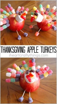 an apple turkey made out of candy and marshmallows is shown with the words thanksgiving