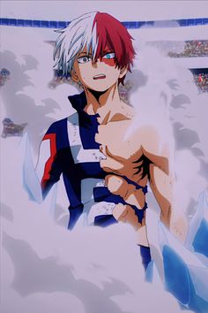 an anime character with red hair standing in front of some clouds and looking at the camera