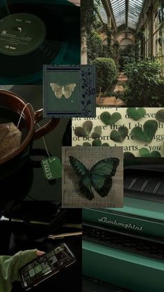 a collage of photos with green images and pictures on them, including an image of a butterfly