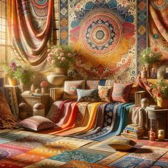 a room filled with lots of colorful rugs and pillows on top of carpeted flooring