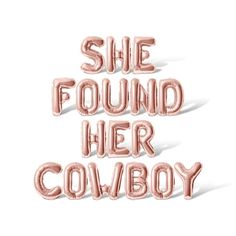 SHEFOUNDHERCOWBOY Letter Balloon Banner Color: Gold. Boots And Bling Before The Ring, Bridal Shower Last Rodeo, Cowgirl Themed Bachelorette Party Decor, Proposal After Party Decorations, Horse Bridal Shower Ideas, Boots And Bubbly Decor, Yeehaw Balloons, Cowboy Bachelor Party, Disco Cowboy Bachelorette Party