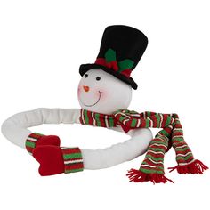 a snowman wearing a hat, scarf and mittens with a green striped scarf around his neck