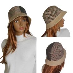 Size 57-58 cm  Women's bucket hat. This is a fashionable and stylish hat for the cold season. Winter hat with small brim. The women's hat is made of checkered fabric and monochrome brown fabric with a slight shiny effect.  Beautiful combination of colors - beige and brown.  Hat with warm lining.  Size 57-58 cm Beige Fedora Winter Hat, Beige Winter Fedora Hat, Adjustable Wide Brim Bucket Hat For Fall, Adjustable Curved Brim Bucket Hat For Fall, Trendy Brimmed Cloche Hat For Winter, Adjustable Short Brim Bucket Hat For Fall, Adjustable Bucket Hat For Fall, Winter Fedora Hat, One Size Fits Most, Beige Brimmed Hat For Fall