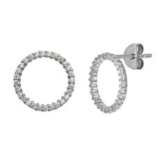 Add something new to your daily wardrobe with these gorgeous sterling silver cubic zirconia open circle stud earrings. Add something new to your daily wardrobe with these gorgeous sterling silver cubic zirconia open circle stud earrings. Length: 12 mm Backings: post Metal: sterling silver Plating: rhodium Finish: polished Additional details: cubic zirconia accents Packaging: decorative card Please note, due to the high value of this item, a signature may be required upon delivery. Size: One Size Cubic Zirconia Open Circle Halo Jewelry, Halo Cubic Zirconia Open Circle Jewelry, Cubic Zirconia Jewelry With Halo Design And Circle Shape, Halo Designed Circle Cubic Zirconia Jewelry, Double Sided Pearl Earrings, Thick Hoop Earrings, Circle Stud Earrings, Post Metal, Prom Earrings