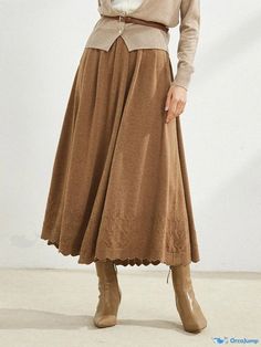 Orcajump - Flared Wool Midi Skirt with High Waist, Loose Fit, and Figure-Flattering Knitted Design Brown Long Skirt Bottoms For Winter, Brown Long Skirt For Winter, Brown Wide Leg Winter Skirt, Non-stretch Winter Midi Skirt, Solid Color Flared Skirt Bottoms For Fall, Solid Color Flared Skirt For Fall, Relaxed Knit Skirt For Fall, Knit Relaxed Skirt For Fall, Non-stretch Midi Skirt For Fall