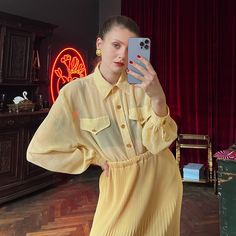 - Vintage yellow sheer blouse - No composition tags, estimated polyester or viscose - Very good condition - Fits many, please see measurements Measurements (laying flat): Shoulders: 42 cm / 16.5 inches Armpit to armpit: 60 cm / 23.6 inches Sleeves: 62 cm / 24.4 inches Length: 81 cm / 32 inches SHIPPING INFO: Shipping price in the listing is for the "Standard Latvian post shipping". Includes tracking info and takes: * 5 business days within European Union * 10-15 business days to United States an Yellow Summer Office Shirt, Yellow Oversized Long Sleeve Blouse, Casual Yellow Office Blouse, Oversized Yellow Blouse For Summer, Oversized Summer Blouse With Blouson Sleeves, Oversized Blouson Sleeve Summer Blouse, Summer Oversized Blouse With Blouson Sleeves, Yellow Relaxed Fit Button-up Blouse, Yellow Long Sleeve Blouse With Relaxed Fit