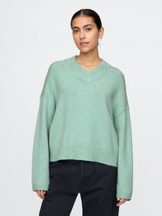 Supersoft cotton-blend sweater.  V-neck.  Long sleeves with drop shoulders.  Ribbed hem.  Fit: Over Plush Yarn, Everyday Luxury, Toddler Gifts, V Neck Sweater, Vneck Sweater, Drop Shoulder, Mint Green, Old Navy, Gap