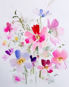 a bouquet of flowers painted in watercolor on a white paper with red, pink, blue and yellow colors