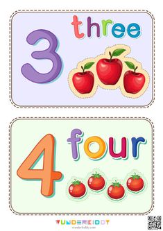 the number three and four with apples for children to learn how to write numbers in english