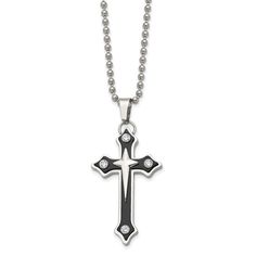 Stainless Steel Black IP-plated Cross with CZ Pendant NecklaceMake a spiritual statement with religious jewelry. Black Symbolic Cross Pendant Necklace, Black Symbolic Cross Pendant Jewelry, Symbolic Black Cross Pendant Jewelry, Symbolic Black Stainless Steel Necklace, Gothic Stainless Steel Cross Pendant Jewelry, Black Metal Cross Jewelry, Black Stainless Steel Cross Jewelry, Black Spiritual Cross Pendant Jewelry, Symbolic Stainless Steel Cross Jewelry