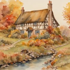 a watercolor painting of a cottage in the fall